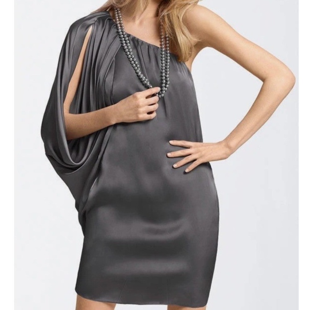Aidan Mattox Satin One Shoulder Dress Batwing Black Women's Sz 10 EUC - Picture 2 of 9